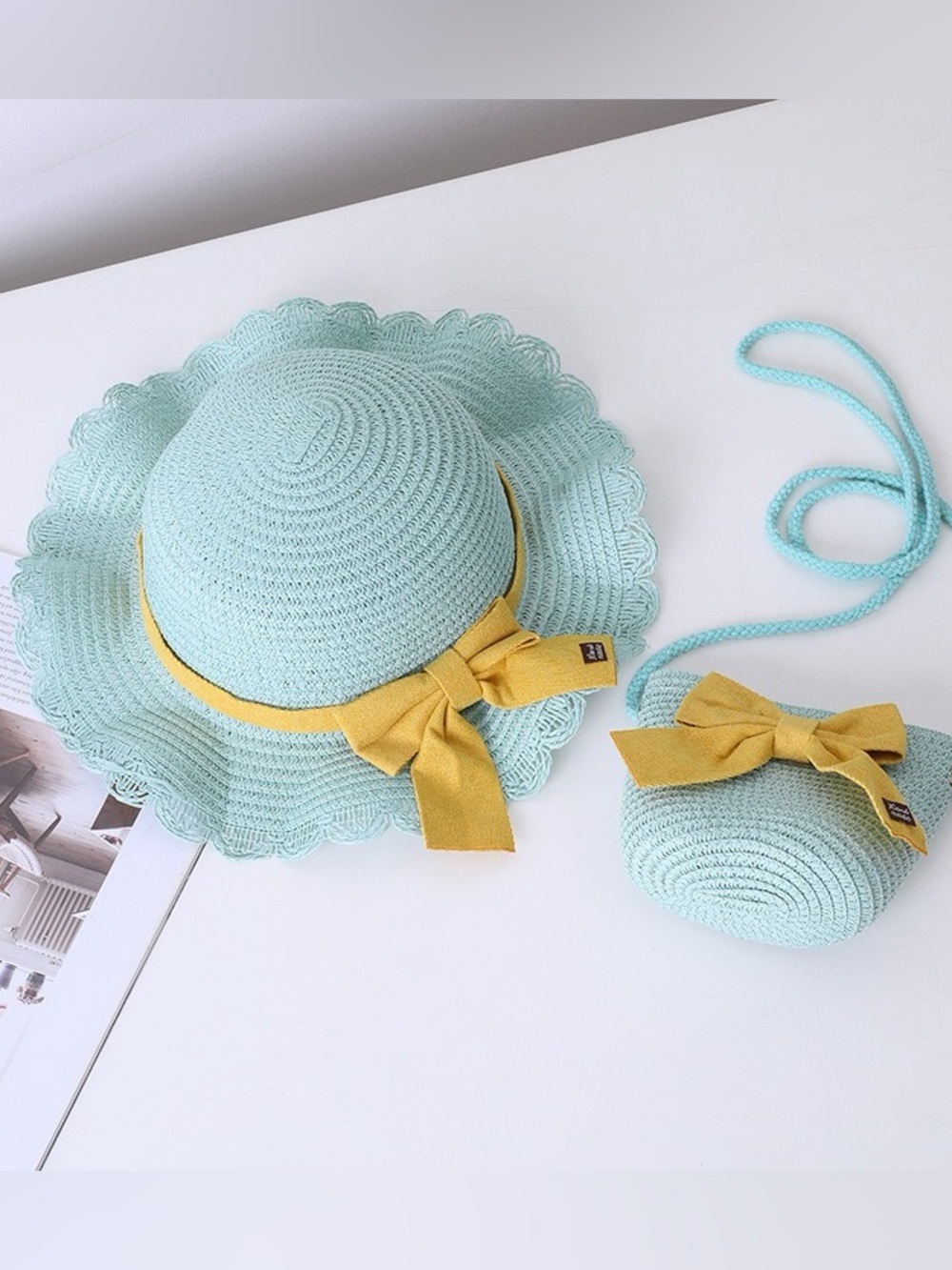 Adult Hand made Mint Crochet Sun Hat & Mini Crossbody Bag with Mustard Bow